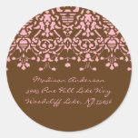 Elegant Pink & Brown Damask Address Label Round Sticker
