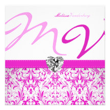 Elegant Pink Damask Monogram Sweet Sixteen Invitations