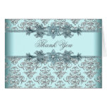 Elegant Silver Teal Blue Damask Thank You Card