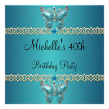 Elegant Teal Blue Butterfly Jewel 40th Birthday Personalised Announcements