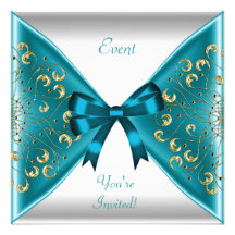 Elegant Teal Blue Gold White Bow Event Party 2 Personalized Invitations