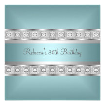 Elegant Teal Blue Silver Jewel 30th Birthday Custom Invitations