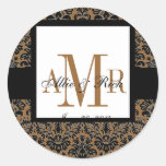 Elegant Wedding Monograms Black Damask Brown Round Sticker