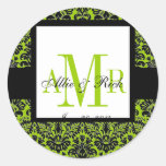 Elegant Wedding Monograms Damask Apple Green Round Sticker