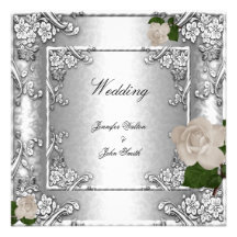 Elegant Wedding Rose Silver White 2 Personalised Invitations