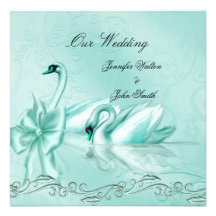 Elegant Wedding Teal Blue Swans Heart Bow Custom Invites