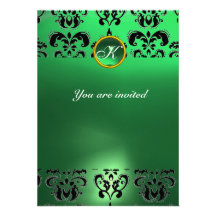 EMERALD DAMASK GEM STONE MONOGRAM green black Invite