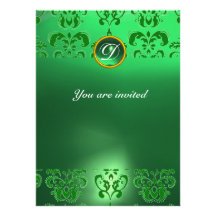 EMERALD DAMASK GEM STONE MONOGRAM green Custom Invitations
