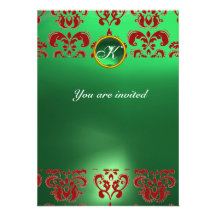 EMERALD DAMASK GEM STONE MONOGRAM green red Custom Announcements