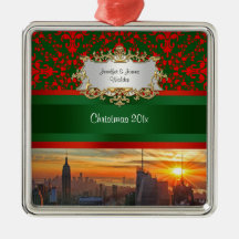 Empire St Bldg Sunset NYC Red Green Damask Xmas Christmas Tree Ornament