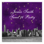 Etched NYC Skyline #3 Purple Gold Star Sweet 16 invitations