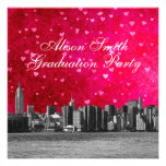 Etched NYC Skyline Hot Pink Red Heart Graduation invitations