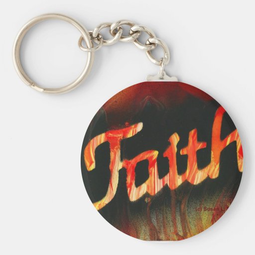 Faith in spray paint with black background & fire key chain