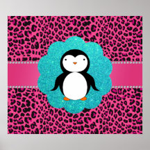 Fancy penguin pink leopard pattern poster