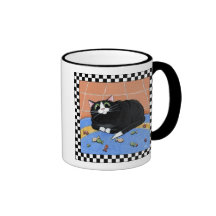 Fat Cat & Rug of Fish Snacks | Cat Art Coffee Mugs