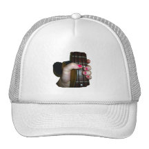 Female hand holding four string bass neck mesh hats