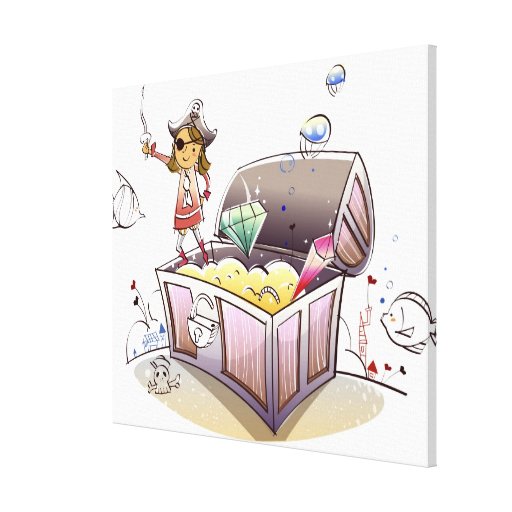 Female pirate standing on a treasure chest canvas prints