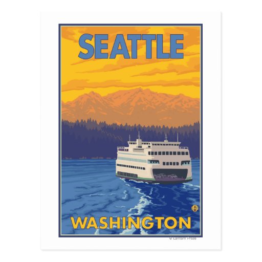 Ferry and Mountains - Seattle, Washington Postcards