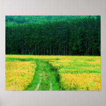Field Of Yellow Flowers Pine Trees Nature Painting Print