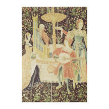 Figures around a fountain stretched canvas print