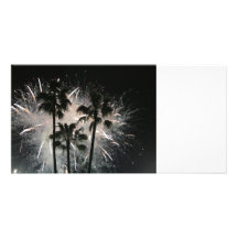 Fireworks behind palm  trees custom photo card