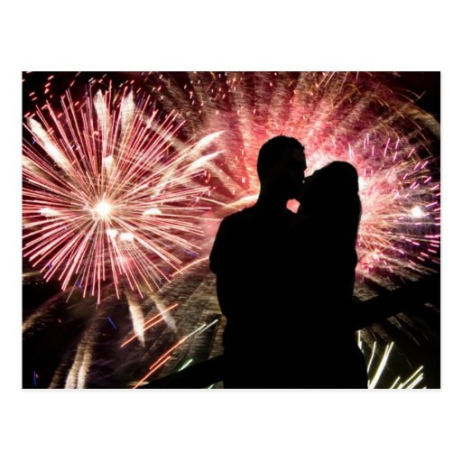 Fireworks Couple Kissing Silhouette Postcard