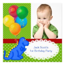 First Birthday 1st Dinosaur Green Blue Boy Invites