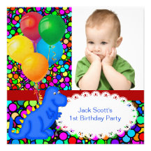 First Birthday 1st Dinosaur Red Green Blue Boy Personalised Announcement