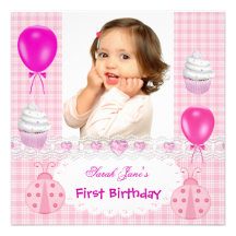 First Birthday 1st Girl Cupcakes Pink Ladybirds Invitation