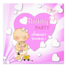 First Birthday 1st Party Cute Pink Hearts Girls Personalized Announcement
