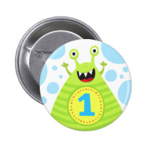 First birthday funny green monster pinback button