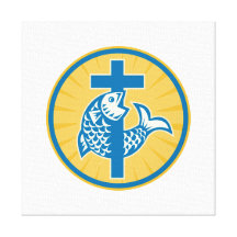 Fish Jumping With Cross Retro Stretched Canvas Print