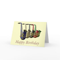 Five Colourful Saxophones Happy Birthday Card cards