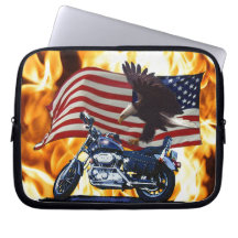 Flames, Bald Eagle, Classic Motorbike & US Flag Laptop Computer Sleeve
