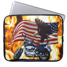 Flames, Bald Eagle, Classic Motorbike & US Flag Laptop Computer Sleeves