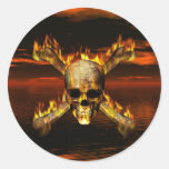 Flaming Skull and Crossbones w/Red Sky Background Sticker
