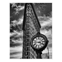 Flatiron Building and Clock in Black and White Postcard