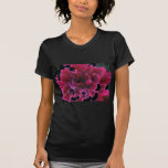 Floral dahlia in deep reds accented in black tee shirt
