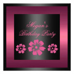 Floral Pink & Black Hibiscus Birthday Invitation