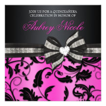 Floral Swirl Quinceañera Invite With Jewelled Bow