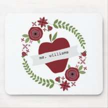 Floral Wreath Red Apple Personalized Teacher Mousepads