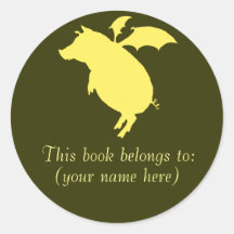 Flying retro piggy bookplate round stickers