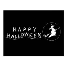 Flying Witch Halloween Postcard, Black and White