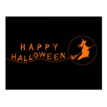 Flying Witch Halloween Postcard, Black/Orange