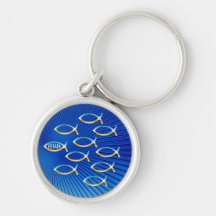 Follow Him - Ichthus Design on Blue Background Keychains