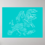Food Map of Europe (Blue / Turquoise/ Teal / Aqua) Print