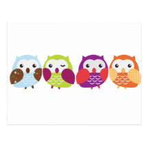 Four Colourful Owls Post Card