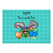 Frankenstein monkey girl in green on blue tile personalised invitation