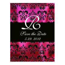 FUCHSIA PINK BLACK DAMASK CLOTH MONOGRAM , white Post Card