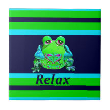 Funky Colorful Frog RELAX Teal Lime Navy Ceramic Tile